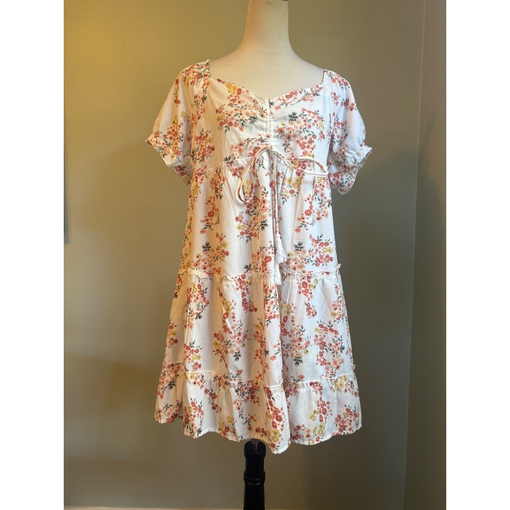 Floral Babydoll Dress XL White Orange Yellow Tiered Cottage boho whimsigoth dain